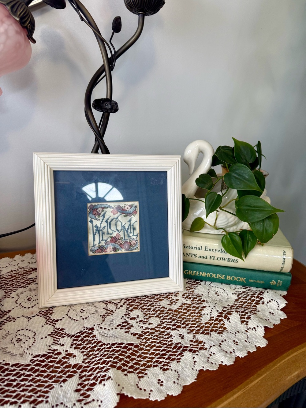 Framed 'Welcome' Cross Stitch Art in White Frame-Approx 8”x9”